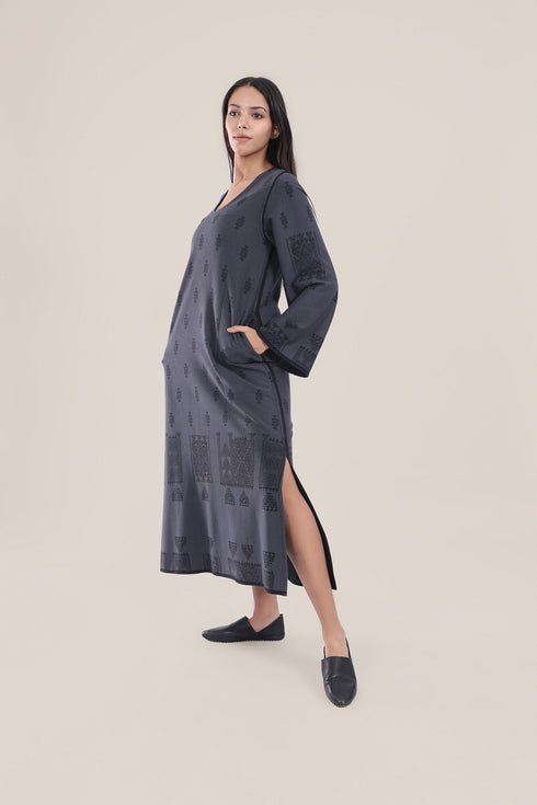 Patterned jacquard long dress with pockets